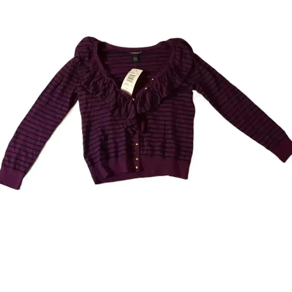 NWT Sweaterworks Purple Striped Button Up Long Sleeve Cardigan Womens Large